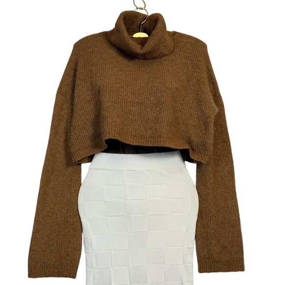Sweaters - Brown‎ Ribbed Knit Turtleneck Cropped Sweater Long Sleeve Casual Chic